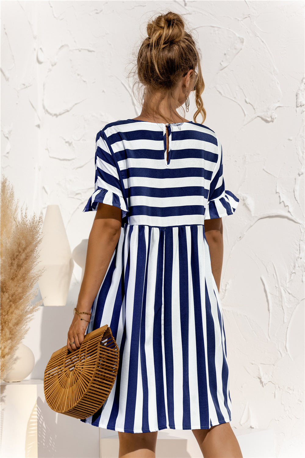 Women Summer Dress Cute Loose Striped Print Ruffles Sleeves Elegant Patchwork Beach Party Female