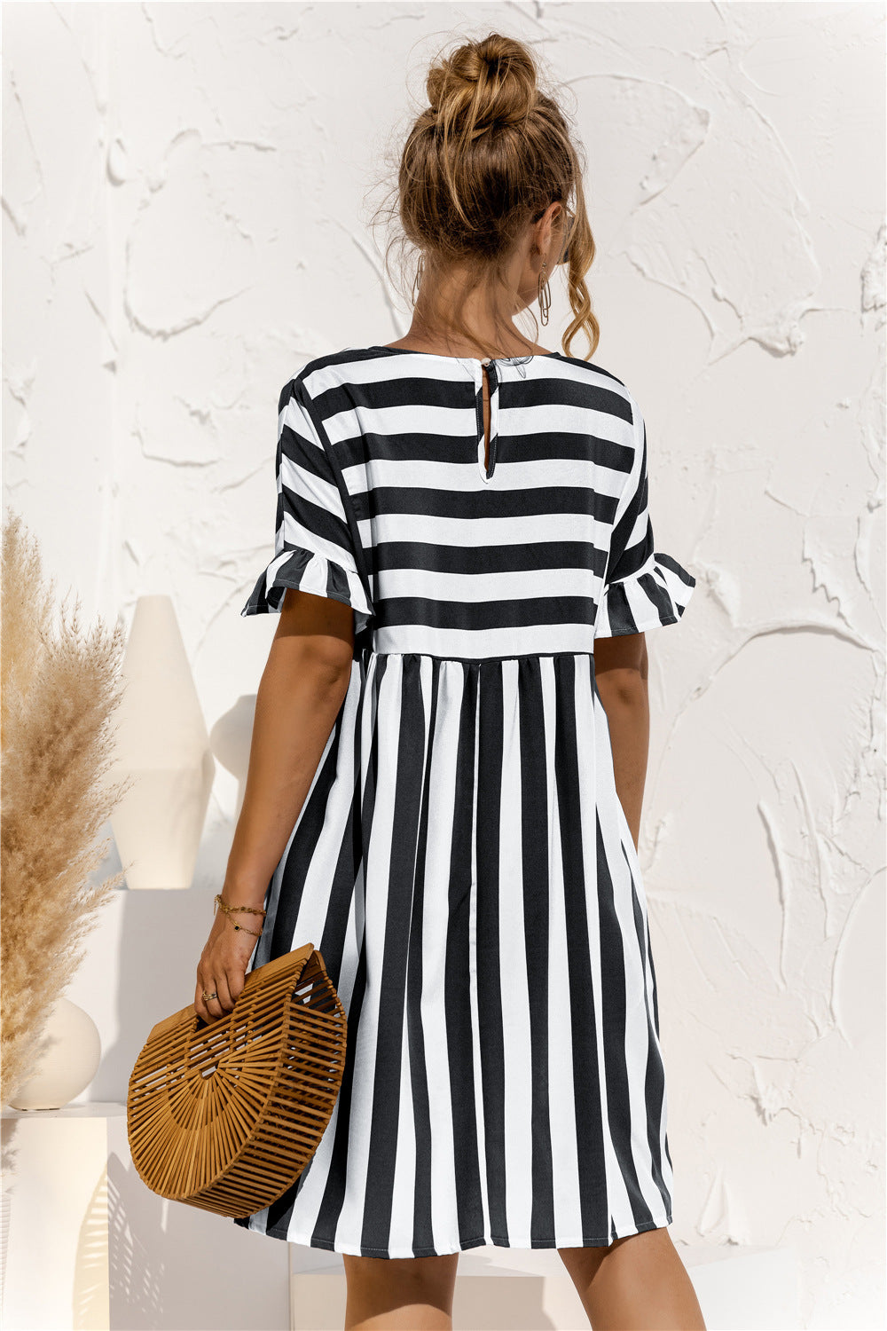Women Summer Dress Cute Loose Striped Print Ruffles Sleeves Elegant Patchwork Beach Party Female