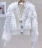 Knit knitted Genuine Fake raccoon fur coat jacket overcoat Rhinestone buttons winter warm fur coat