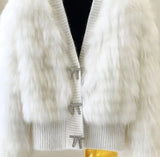 Knit knitted Genuine Fake raccoon fur coat jacket overcoat Rhinestone buttons winter warm fur coat