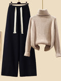 Autumn Winter Warm Knitwear Sets Outfits Elegant Turtleneck Sweater+long Cardigan Jacket+wide Leg Pant Setwide leg