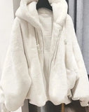 White Imitation Lambwool Outwear Top Coat Winter Warm Furry Overcoat Casual Hooded Fur Plush Jacket