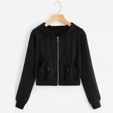 Casual Black/White Crop Top Jacket Solid Long Sleeve Zipper Pocket Shirt Hooded Sweatshirt Tops Hoodies