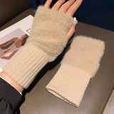 Mink Fleece Soft Winter Half Finger Gloves Warm Luxury Solid White Plush Knitted Fingerless Gloves Wrist Mittens