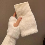 Mink Fleece Soft Winter Half Finger Gloves Warm Luxury Solid White Plush Knitted Fingerless Gloves Wrist Mittens