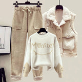 Winter New Cashmere Vest Coat Embroidery Knitted Sweater Casual Trousers Three Piece Elegant Pants Set Outfit