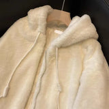 White Imitation Lambwool Outwear Top Coat Winter Warm Furry Overcoat Casual Hooded Fur Plush Jacket