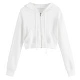 Casual Black/White Crop Top Jacket Solid Long Sleeve Zipper Pocket Shirt Hooded Sweatshirt Tops Hoodies