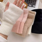 Mink Fleece Soft Winter Half Finger Gloves Warm Luxury Solid White Plush Knitted Fingerless Gloves Wrist Mittens