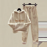 Winter Thicken Tracksuit Two Pieces Set Warm Plush Sweatshirt Trousers Casual Lamb-wool Lined Harem Pants Outfit