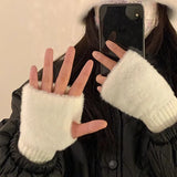 Mink Fleece Soft Winter Half Finger Gloves Warm Luxury Solid White Plush Knitted Fingerless Gloves Wrist Mittens