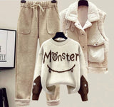 Winter New Cashmere Vest Coat Embroidery Knitted Sweater Casual Trousers Three Piece Elegant Pants Set Outfit