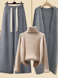 Autumn Winter Warm Knitwear Sets Outfits Elegant Turtleneck Sweater+long Cardigan Jacket+wide Leg Pant Setwide leg