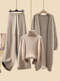 Autumn Winter Warm Knitwear Sets Outfits Elegant Turtleneck Sweater+long Cardigan Jacket+wide Leg Pant Setwide leg