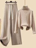 Autumn Winter Warm Knitwear Sets Outfits Elegant Turtleneck Sweater+long Cardigan Jacket+wide Leg Pant Setwide leg