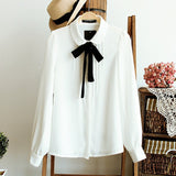 Elegant Bow Tie White Blouse Chiffon Collar Casual Shirt Office Ladies