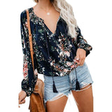 Blouse Women V-neck Long Sleeve Shirt Casual Loose Floral Print Top Blouse