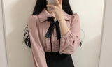 Cute Top Preppy Style Vintage Japanese Korea Design Button Elegant Formal Shirt Blouse Pink White