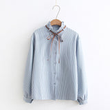 Striped Shirt Single Breasted Ruffles Turn down Collar Long Sleeve Cotton Blouse Lace Up Bow