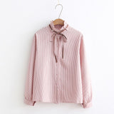 Striped Shirt Single Breasted Ruffles Turn down Collar Long Sleeve Cotton Blouse Lace Up Bow