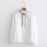 Striped Shirt Single Breasted Ruffles Turn down Collar Long Sleeve Cotton Blouse Lace Up Bow