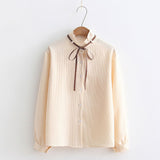 Striped Shirt Single Breasted Ruffles Turn down Collar Long Sleeve Cotton Blouse Lace Up Bow