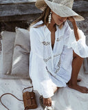 Women Swimsuit Cover Ups Mandarin Sleeve Kaftan Beach Tunic Dress Robe De Plage Solid White Cotton Pareo Beach Cover Up