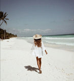 Women Swimsuit Cover Ups Mandarin Sleeve Kaftan Beach Tunic Dress Robe De Plage Solid White Cotton Pareo Beach Cover Up