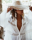 Women Swimsuit Cover Ups Mandarin Sleeve Kaftan Beach Tunic Dress Robe De Plage Solid White Cotton Pareo Beach Cover Up