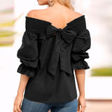 Off Shoulder Spring Summer Strapless Blouse Women Bowknot Tops Slash Neck Shirts Casual Loose