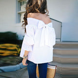 Off Shoulder Spring Summer Strapless Blouse Women Bowknot Tops Slash Neck Shirts Casual Loose