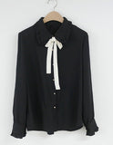 Chiffon Blouse Shirt Preppy Style Bow Tie Top Cute Sweet Peter Pan Collar