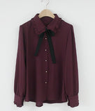 Chiffon Blouse Shirt Preppy Style Bow Tie Top Cute Sweet Peter Pan Collar