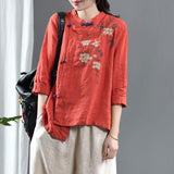 Style Vintage Button Stand Collar Loose Shirt Cotton Linen Embroidery Blouse