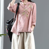 Style Vintage Button Stand Collar Loose Shirt Cotton Linen Embroidery Blouse