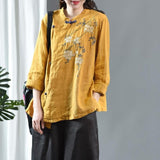 Style Vintage Button Stand Collar Loose Shirt Cotton Linen Embroidery Blouse