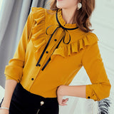 Shirt Long Sleeve Korean Ruffles Women Streetwear Slim Chiffon Blouse Elegant Ladies Top