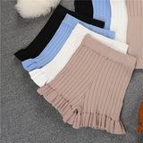 Women Summer Knit Shorts Trousers England Style Ruffles Bottom Woman Solid Knitted Short Pants