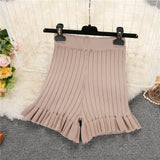 Women Summer Knit Shorts Trousers England Style Ruffles Bottom Woman Solid Knitted Short Pants