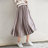 Women Long Metallic Silver Maxi Pleated Skirt Midi Skirt High Waist Elascity Casual Party Skirt