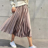 Women Long Metallic Silver Maxi Pleated Skirt Midi Skirt High Waist Elascity Casual Party Skirt