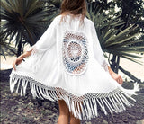 Bohemian Fringe Beach Cover-Up White Bikini Long Cardigan Crochet Hollow Out Kimono