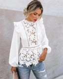 Women Boho Long Sleeve Floral Lace White Tops Blouses Hollow Back