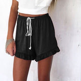 Ruffle Hem Belted Women Shorts Casual Loose Solid Shorts Cotton Linen Short Pants Women High Waist Summer