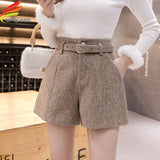 High Waist Wide Leg Woolen Shorts Women Khaki Gray Black Outerwear Warm Shorts With Belt A-line Short