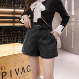 High Waist Wide Leg Woolen Shorts Women Khaki Gray Black Outerwear Warm Shorts With Belt A-line Short