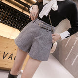 High Waist Wide Leg Woolen Shorts Women Khaki Gray Black Outerwear Warm Shorts With Belt A-line Short