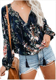 Blouse Women V-neck Long Sleeve Shirt Casual Loose Floral Print Top Blouse