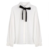 Elegant Bow Tie White Blouse Chiffon Collar Casual Shirt Office Ladies