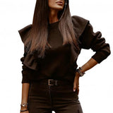 O Neck Ruffle Blouse Shirt Long Sleeve Thick Pullover Top